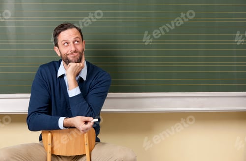 Preview: Smiling teacher in classroom at blackboard looking up
