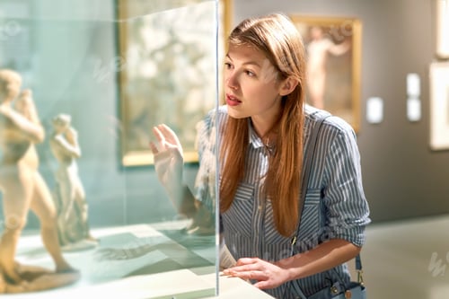 Preview: Woman Visitor In Historical Museum Looking At Art Object