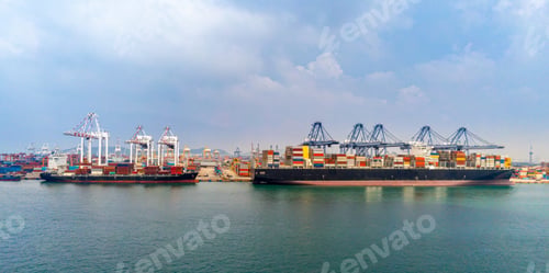Preview: Arial view by drone camera transportation logistics and container dock cargo yard with working crane