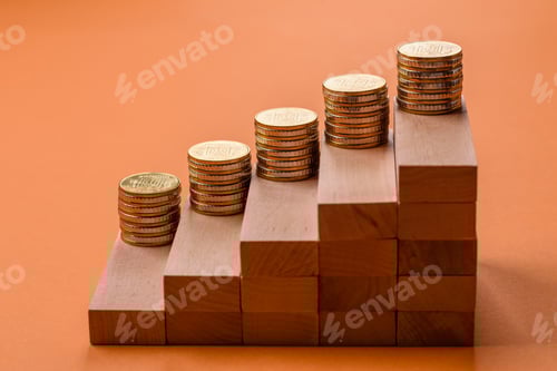 Preview: Conceptual composition of wooden steps with coins, model of a house