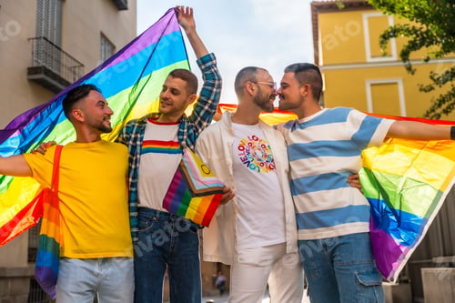 Preview: Lifestyle of hugging homosexual friends kissing at gay pride party in the city, diversity of young