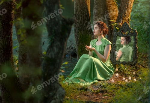 Preview: girl is sitting in the forest in is an old mirror in which the reflection looks