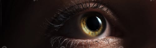 Preview: close up view of human bright eye looking away in dark, panoramic shot