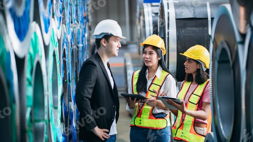 Preview: Team engineers and foreman stack hand and shake hands to show success at factory machines.