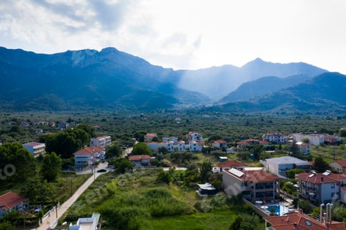 Preview: Aerial view of idyllic Golden beach toward the headland at Skala Potamia, Thassos, Greece