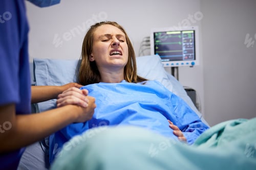 Preview: Pregnant woman, clinic and labor with push, holding hands or support in bed, baby and pain. Strong