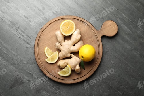 Preview: Fresh lemons and ginger on grey table, top view