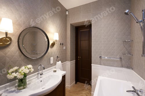 Preview: Modern Bathroom interior with stone wall, mirror and shower.