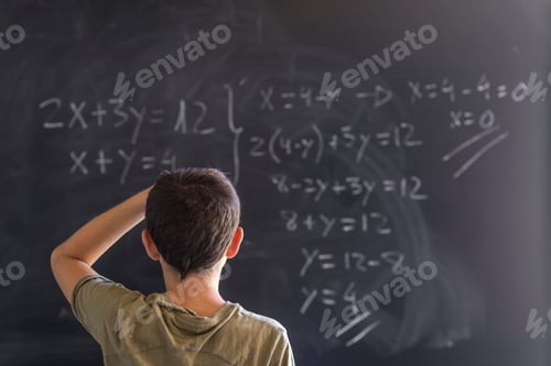 Preview: Schoolboy solving a problem on a blackboard.