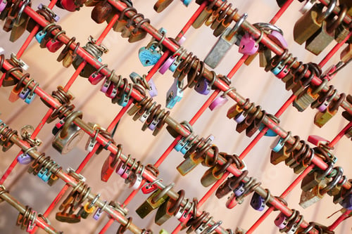 Preview: Many love padlocks locked on rusty iron gate in singapore