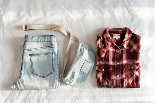Preview: Folded Jeans, Shirt, and Fanny Pack on Bed