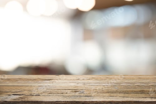 Preview: Empty wooden table top with lights bokeh on blur background.