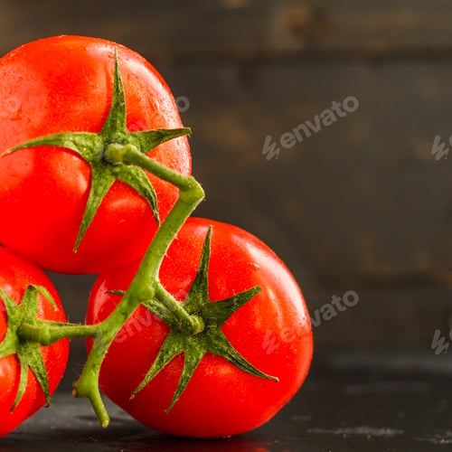 Preview: Tomato On The Green Branch (Red, Ripe Vegetable). Food Background. Top View