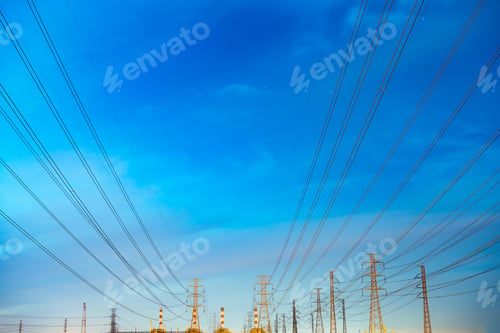 Preview: High voltage electric pole and transmission lines in the evening. Electricity pylons at night. Power