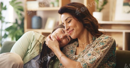 Preview: Hug, sofa and mom with woman in home for bonding, loving relationship and relax together. Happy fam