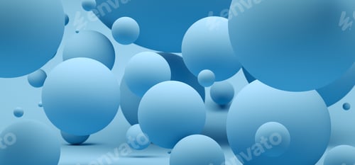 Preview: 3D Illustration. Light blue spheres with different sizes on isolated background. Modern abstract