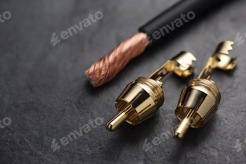 Preview: Golden RCA connector and cable on black slate background.