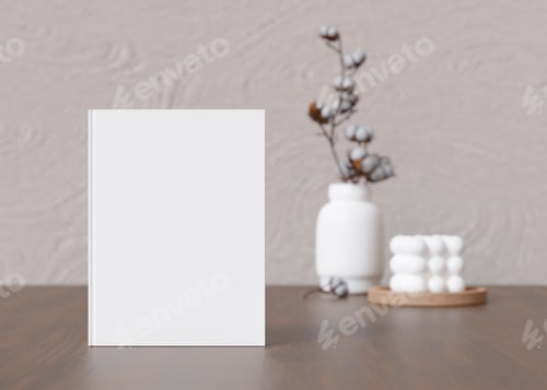 Preview: White book cover mock up with vase and candle on sideboard.