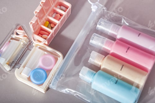 Preview: Travel kit. Set of plastic bottles for cosmetic products, kit for contact lenses, pill organizer.