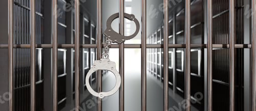 Preview: Handcuffs on jail cell closed metal bar door. Prison building corridor background, 3d render