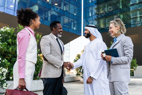 Preview: Group of multiethnic business people meeting an emirati businessman