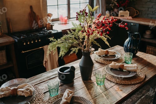 Preview: Served nicely decorated dining table with plates napkins vase. Kitchen background interior.