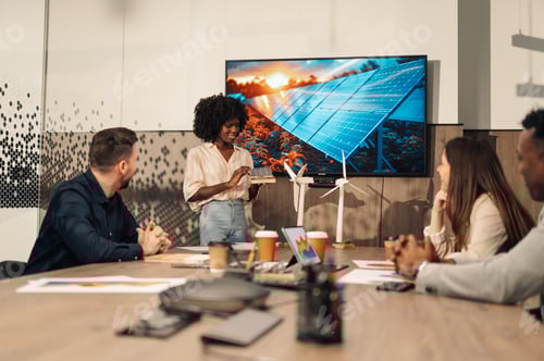 Preview: Diverse engineer presenting renewable energy and green technology.