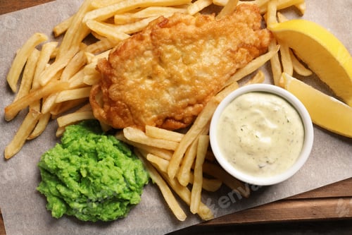Preview: British traditional fish and potato chips on table, top view
