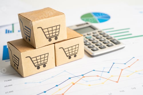 Preview: Shopping cart logo on box on graph background.