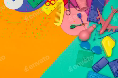 Preview: Colorful collection of various plastic objects arranged on a vibrant background