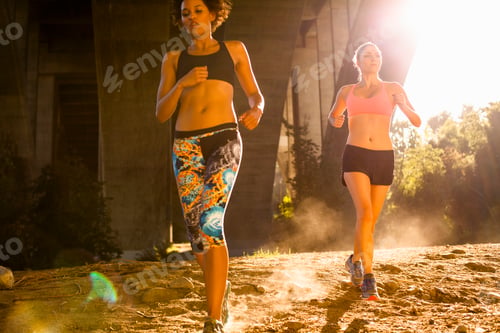 Preview: Joggers running under arch bridge, Arroyo Seco Park, Pasadena, California, USA