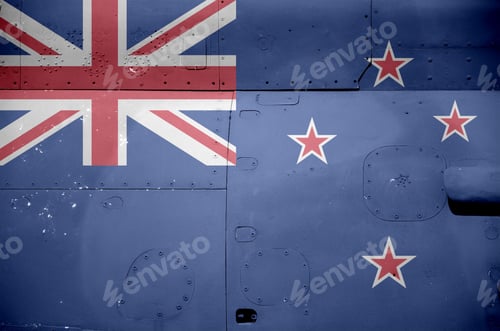 Preview: New Zealand flag depicted on side part of military armored helicopter close up