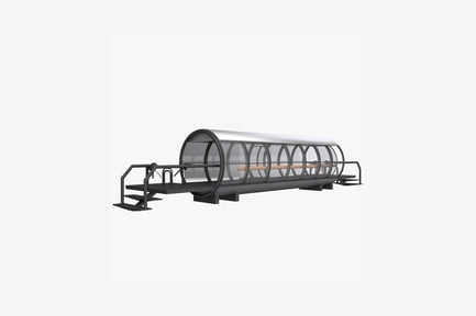 Preview: Curved-roof cylindrical structure with windows and adjacent benches