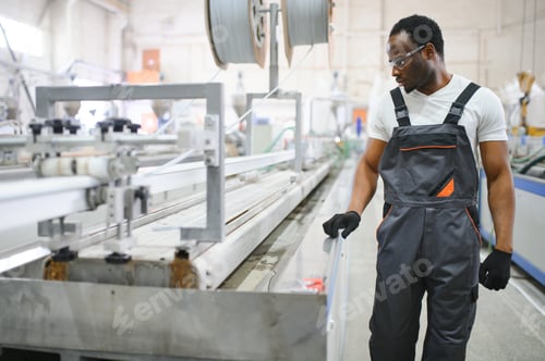 Preview: An African-American male worker in a plastic window frame factory