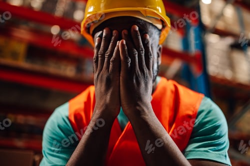 Preview: Warehouse worker suffering stress and covering face with hands