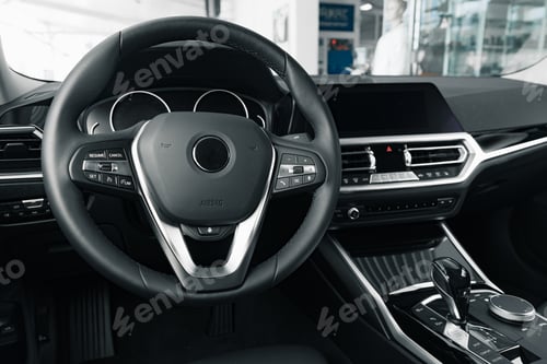 Preview: Steering wheel of a new luxury car