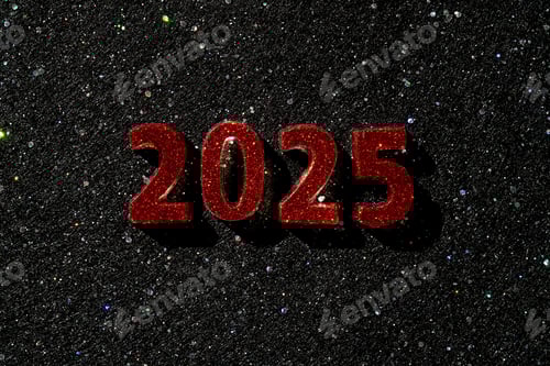 Preview: New Year 2025 dark background. Number of the coming year in Christmas decoration.