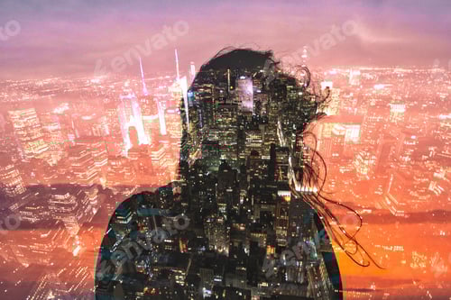 Preview: Double exposure concept image silhouette girl on New York skyscrapers panorama