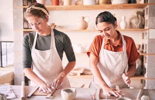 Preview: Pottery, art and women in workshop class for molding clay, working on artistic bowl or ceramic. Cre