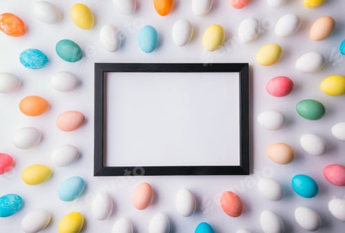 Preview: Eggs flat lay on a white background. Easter and spring composition. Copy space.