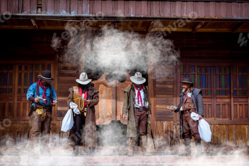 Preview: Cowboys group showing action success bank rob with fighting gun and a lot of money from rob the bank