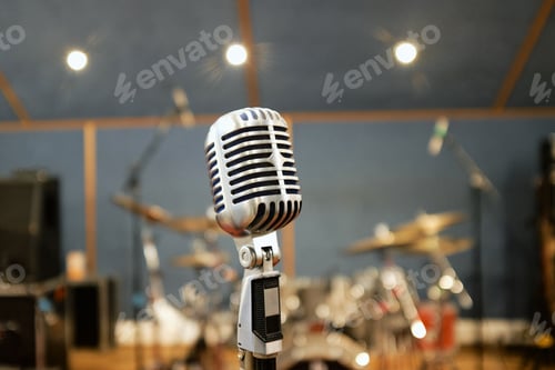 Preview: Close-up of a vintage microphone in a recording studio.