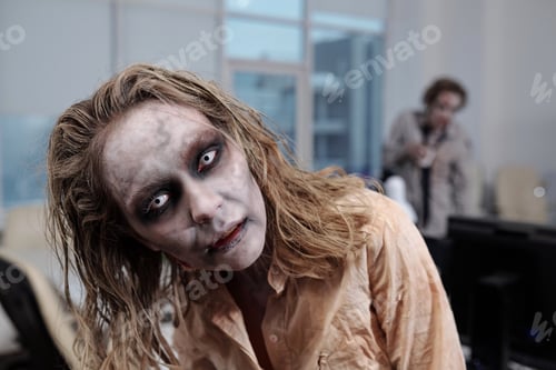 Preview: Zombie businesswoman standing in front of camera on background of workplaces and dead male colleague