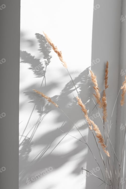 Preview: Bouquet with dry plants in the interior against the background of a gray wall and sunny sevta.