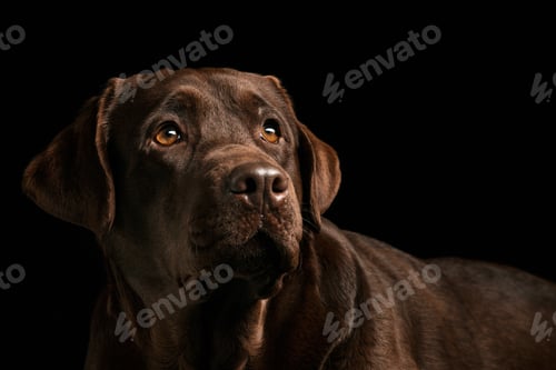 Preview: The portrait of a black Labrador dog taken against a dark backdrop.