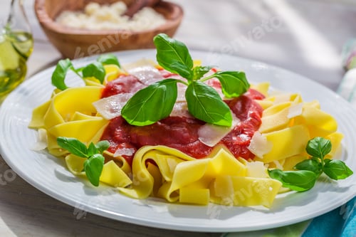 Preview: Homemade pappardelle pasta with tomato sauce and basil