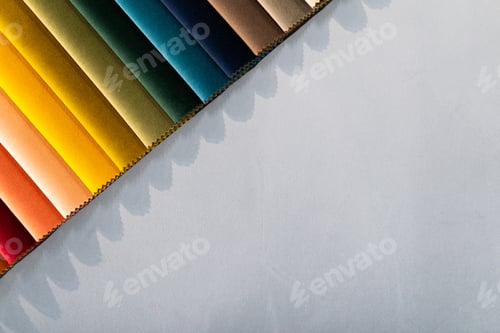 Preview: Catalog of multi-colored fabric samples. Textile industry background. Colored cotton fabric. Palet