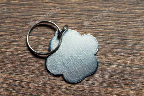 Preview: Silver pet tag with ring on wooden table, top view. Space for text