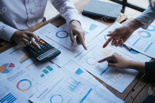 Preview: Team working on business project at messy table with graph chart and financial reports, calculator
