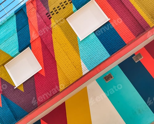 Preview: crooked house, abstract, windows, bright and colorful wall in a modern building